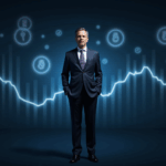 Photorealistic portrait of a crypto CEO in a suit, in a newsroom with holographic logos and ascending charts.