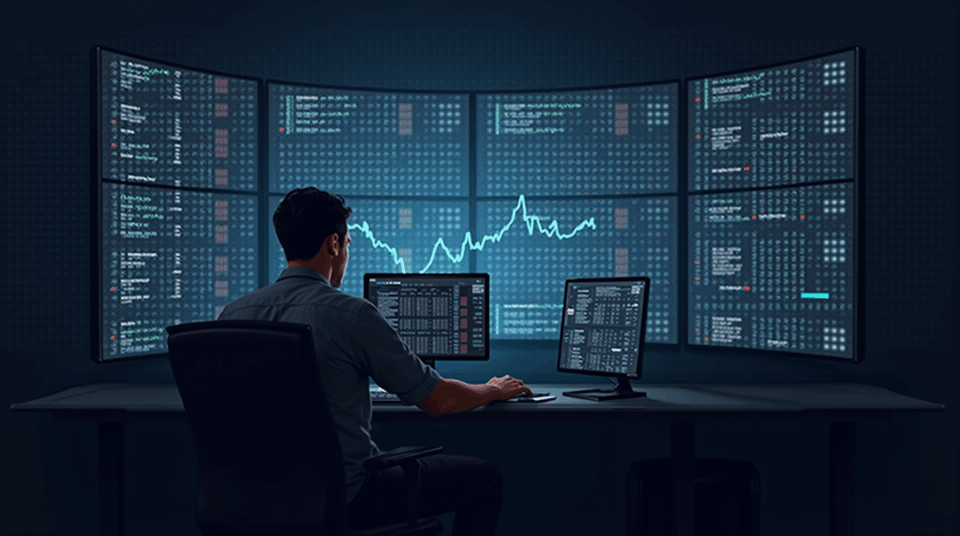Trader focused in a modern studio, screens with altcoin tickers and silhouettes of whales in season.