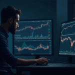Cryptocurrency trader at a modern desk, screens showing BTC and ETH falling and the dollar index rising.