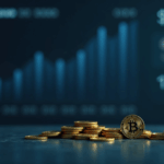 Corporate treasury executive at a glass desk with Bitcoin coins and an upward chart, background with S&P 500 ticker.