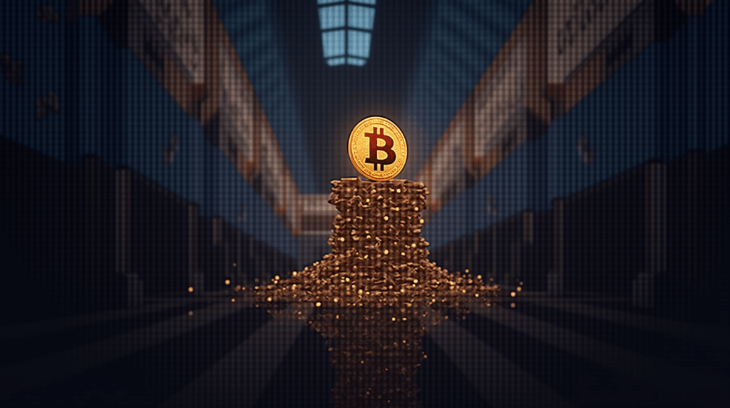 Bitcoin rises in a Nasdaq-style trading room, with mining rigs in the background and touches of the American flag.