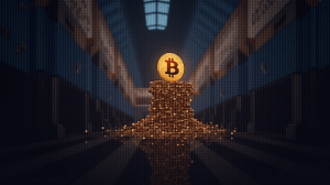 Bitcoin rises in a Nasdaq-style trading room, with mining rigs in the background and touches of the American flag.
