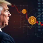 Political figure in the foreground, Nasdaq screens and rising ABTC symbols, reflecting influence and volatility.