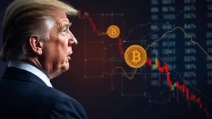 Political figure in the foreground, Nasdaq screens and rising ABTC symbols, reflecting influence and volatility.