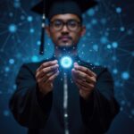Student holds a bright digital diploma; blockchain nodes illuminate the background, symbolizing on-chain credentials.