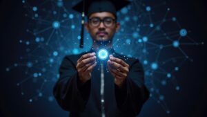 Student holds a bright digital diploma; blockchain nodes illuminate the background, symbolizing on-chain credentials.