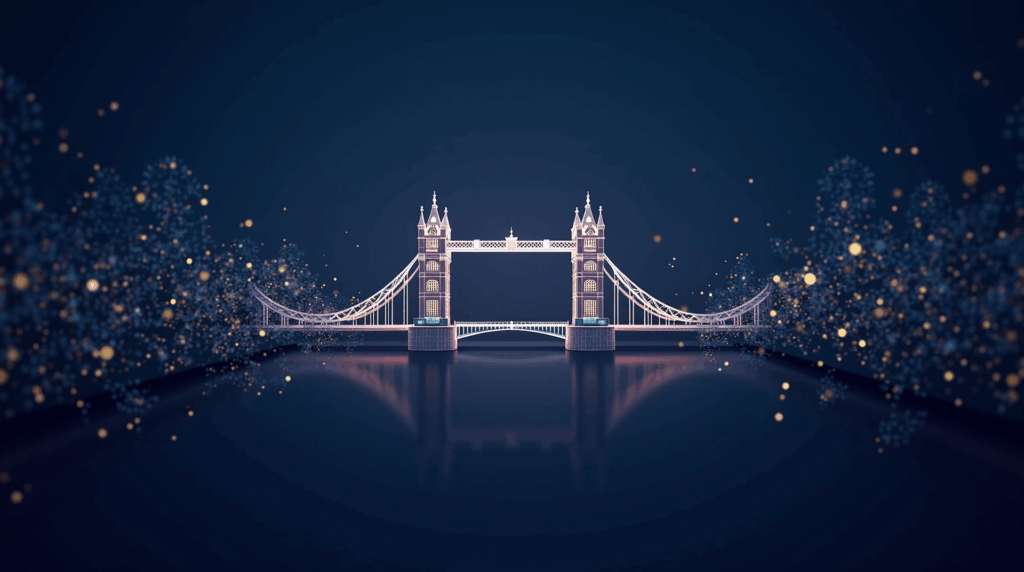 Header of a blockchain bridge between London and Washington with glowing nodes, data flows and regulatory icons.