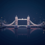 Header of a blockchain bridge between London and Washington with glowing nodes, data flows and regulatory icons.