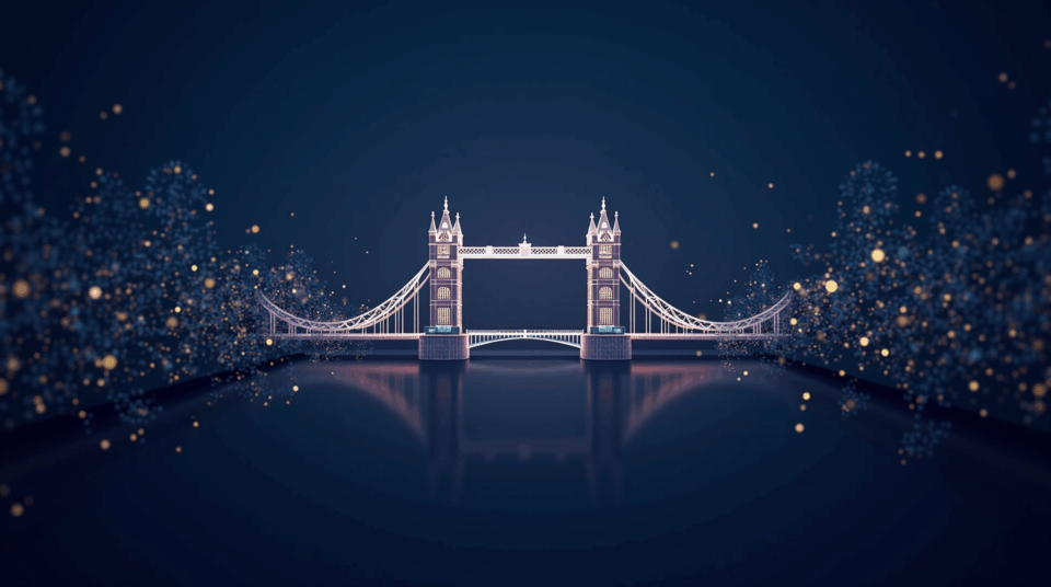 Header of a blockchain bridge between London and Washington with glowing nodes, data flows and regulatory icons.