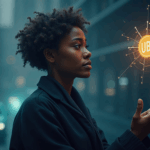 Realistic central portrait of a diverse worker in a futuristic city, AI lines and an icon of universal basic income circulating.