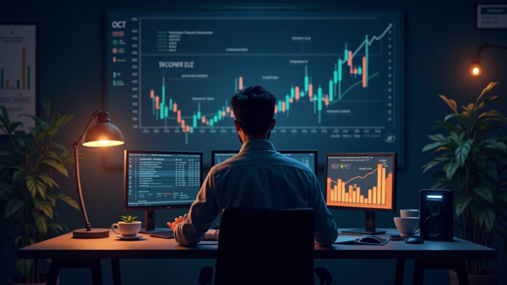 Trader at a desk with bullish BTC charts, an October calendar and on-chain metrics, with ETF and regulation icons.