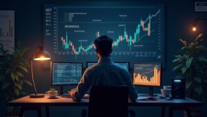 Trader at a desk with bullish BTC charts, an October calendar and on-chain metrics, with ETF and regulation icons.