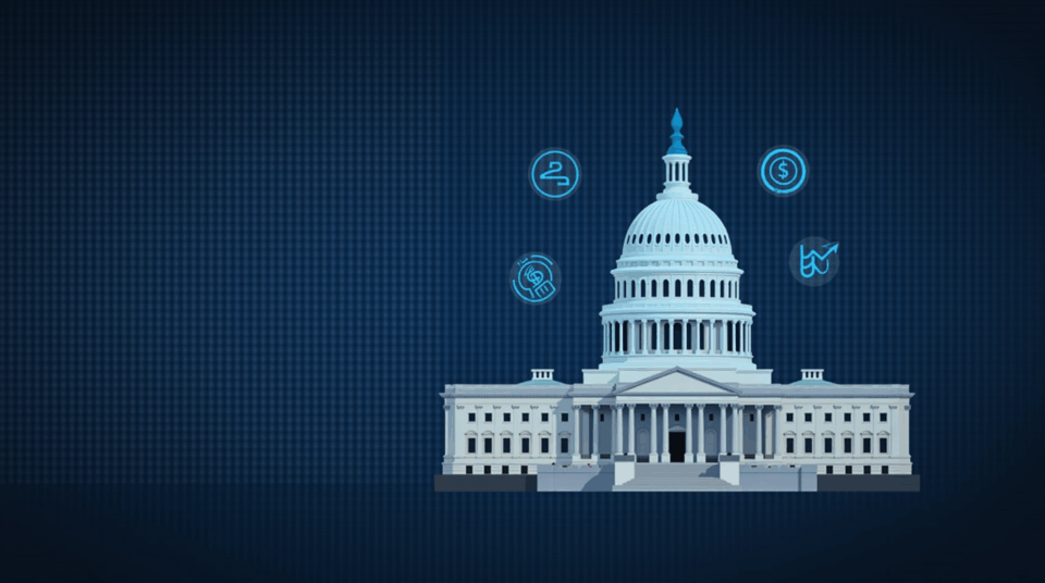 U.S. Congress chamber with crypto icons and a translucent blockchain ledger, indicating the regulatory debate.