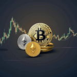 Photorealistic crypto header: Bitcoin and Ethereum in the center, bullish charts and the Fed in the background.