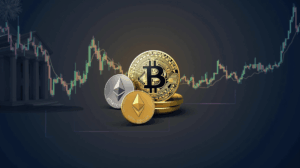 Photorealistic crypto header: Bitcoin and Ethereum in the center, bullish charts and the Fed in the background.