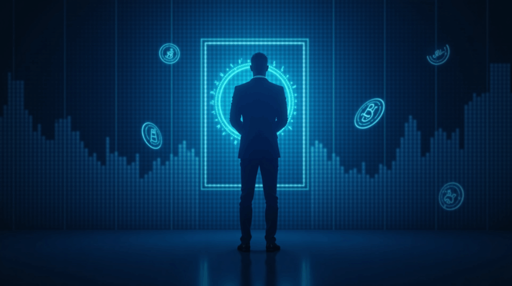 Silhouette of a central administrator in front of an illuminated DeFi vault, floating governance tokens and a newsroom-style background.