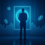 Silhouette of a central administrator in front of an illuminated DeFi vault, floating governance tokens and a newsroom-style background.