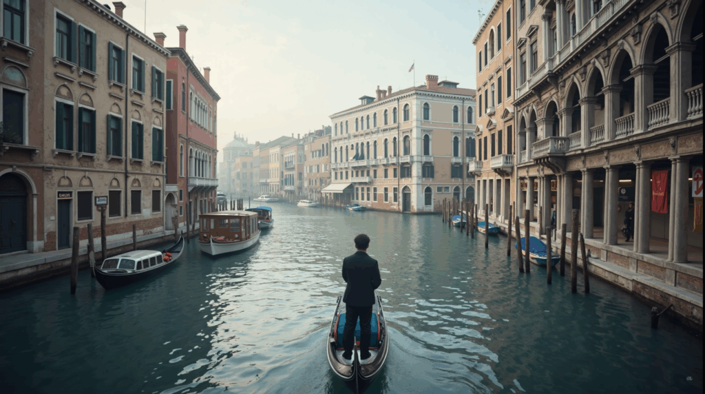Venice: historic architecture, MOSE and technological overlays, with a central figure uniting heritage and innovation.