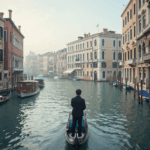 Venice: historic architecture, MOSE and technological overlays, with a central figure uniting heritage and innovation.