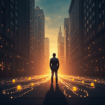 Wall Street skyline with flows of tokenized collateral and stablecoins, a central figure guides the flow.