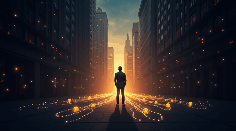 Wall Street skyline with flows of tokenized collateral and stablecoins, a central figure guides the flow.