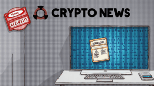 Crypto news header: digital wallet with blocked address, red blacklist badge and network map illustrating governance.