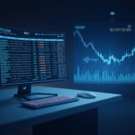 Realistic crypto news header: trading desk, rising WLFI chart and whale addresses with a futuristic aesthetic.