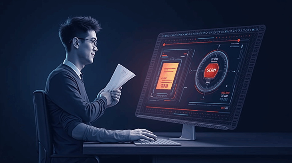 In a crypto newsroom, an investor analyzes a WLFI contract on a holographic screen next to a red scam badge.