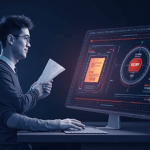 In a crypto newsroom, an investor analyzes a WLFI contract on a holographic screen next to a red scam badge.