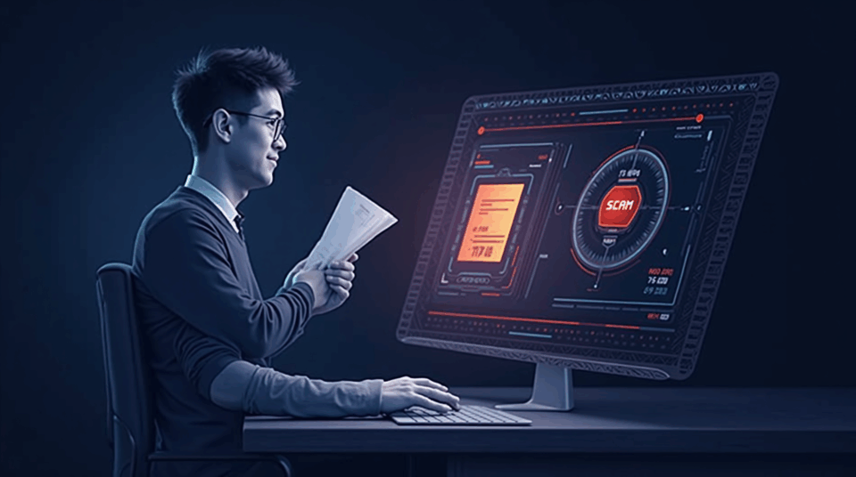 In a crypto newsroom, an investor analyzes a WLFI contract on a holographic screen next to a red scam badge.