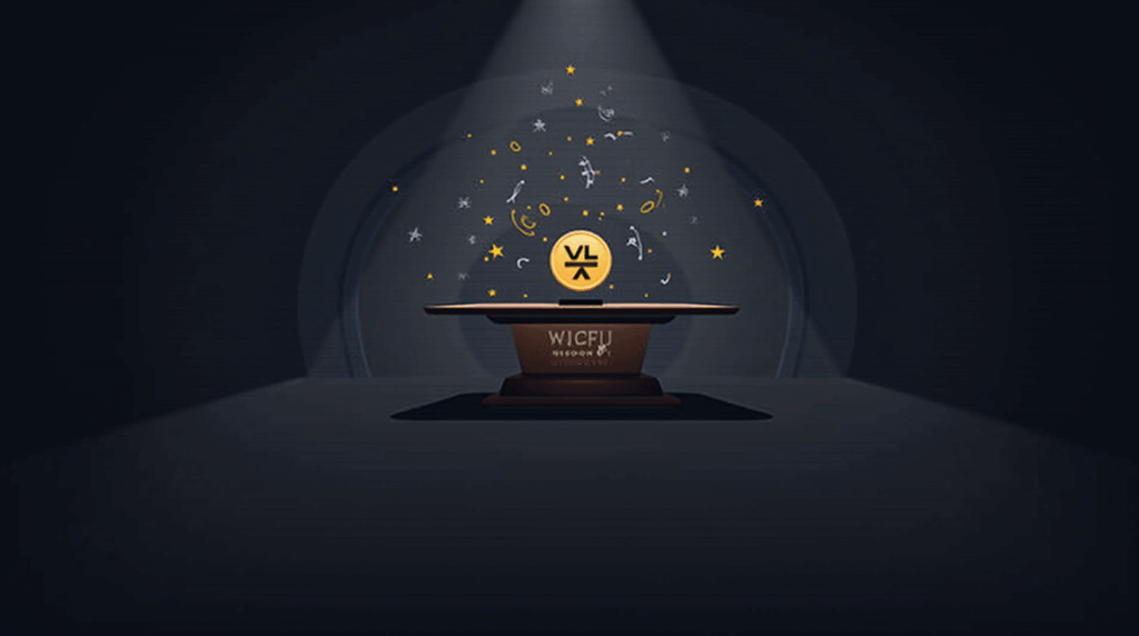Photorealistic crypto header: WLFI glyph rises behind a desk, Trump branding in shadows and scales