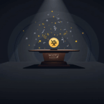 Photorealistic crypto header: WLFI glyph rises behind a desk, Trump branding in shadows and scales