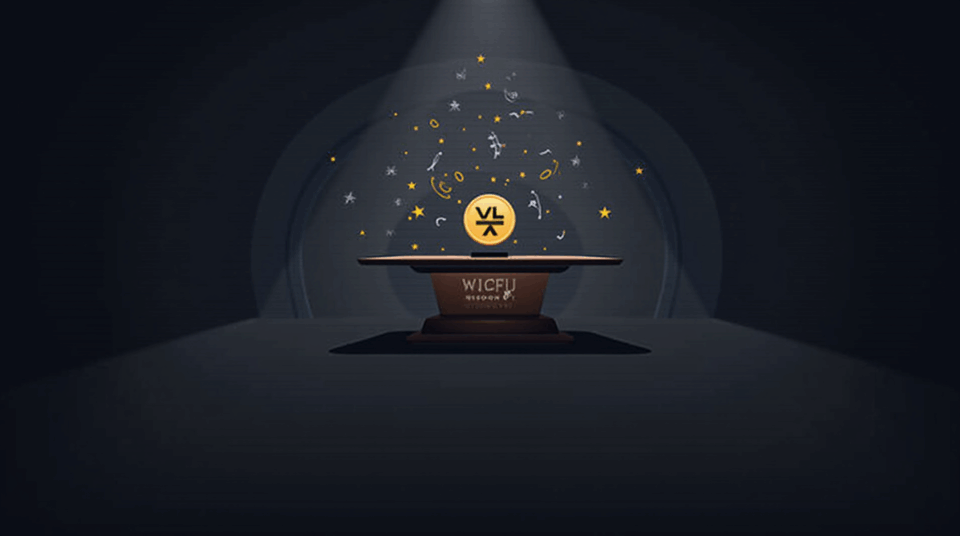 Photorealistic crypto header: WLFI glyph rises behind a desk, Trump branding in shadows and scales