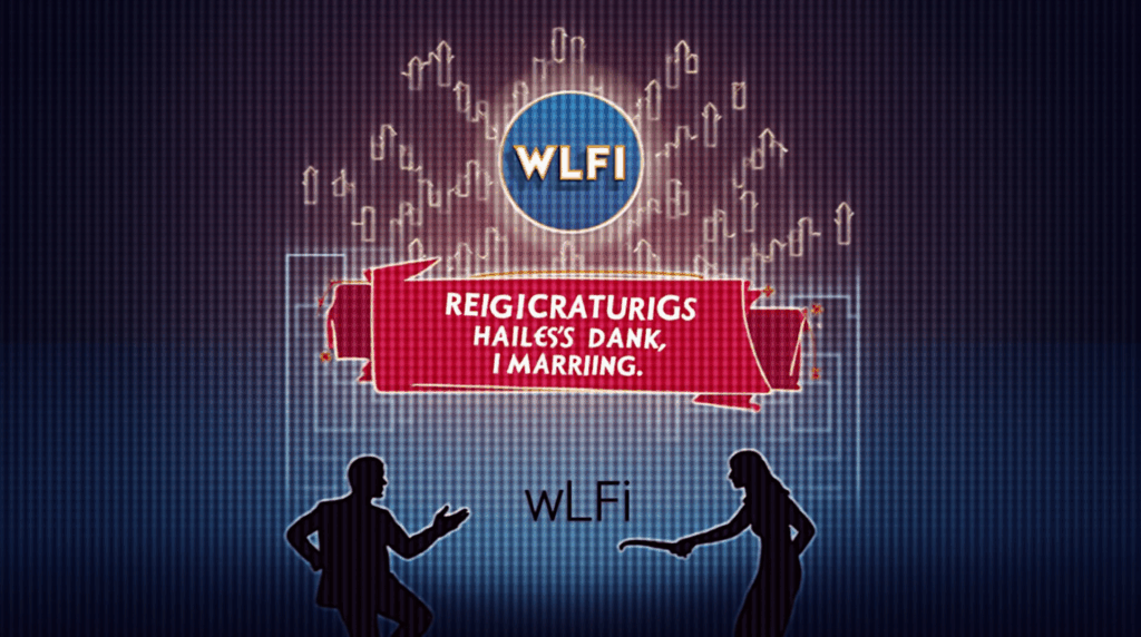 Photorealistic crypto header with the WLFI logo, blockchain chains, a red regulatory band, and silhouettes of investors.