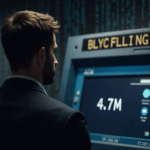 Worried investor in front of a malfunctioning crypto ATM, with 4,7 million on the screen and blockchain code.