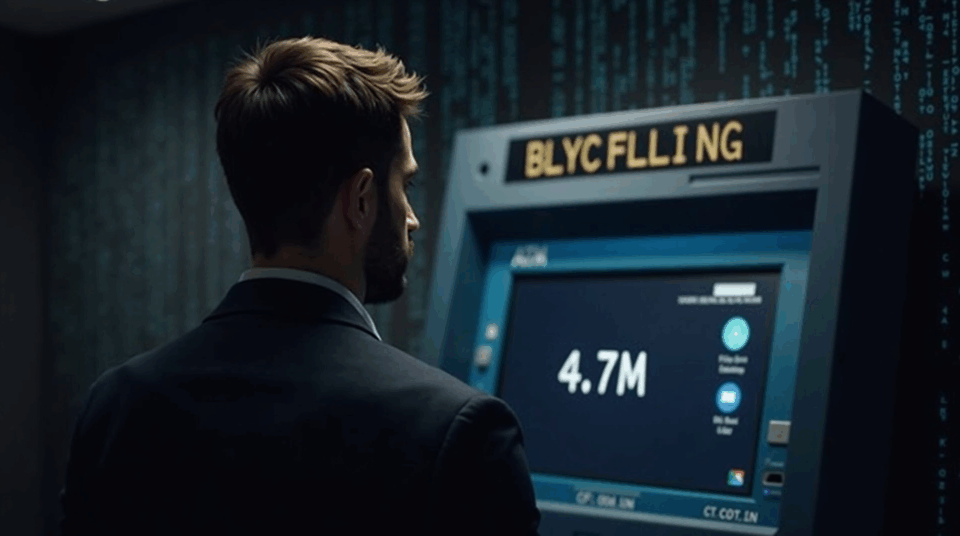 Worried investor in front of a malfunctioning crypto ATM, with 4,7 million on the screen and blockchain code.