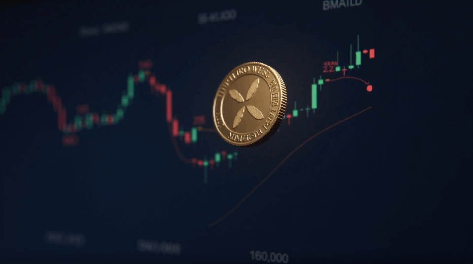 XRP coin over a trading chart with RSI in the mid-range and MACD rising, indicating breakout levels 2,70–3,30.