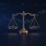 Realistic crypto header: XRP logo between regulatory scales and a volatile market chart.