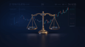 Realistic crypto header: XRP logo between regulatory scales and a volatile market chart.