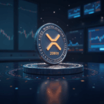 XRP token in a trading hub with SEC 2025 calendar, screens showing CME futures and institutional interest
