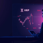 Chart of XRP with support at 2.70 and target at 3.70, analyst in news room with neon accents