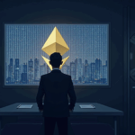 Corporate executive in a briefing room, illuminated ETH symbol, digital charts and vault, with the Hong Kong skyline in the background.