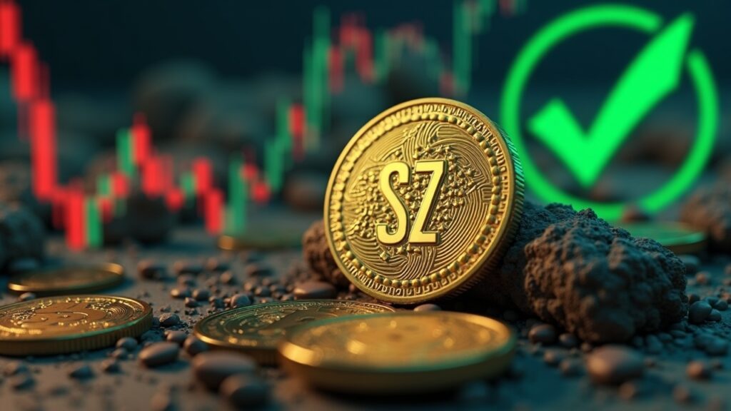 Hyperrealistic close-up of the 2Z token with a green SEC checkmark in the background, falling price and investors.