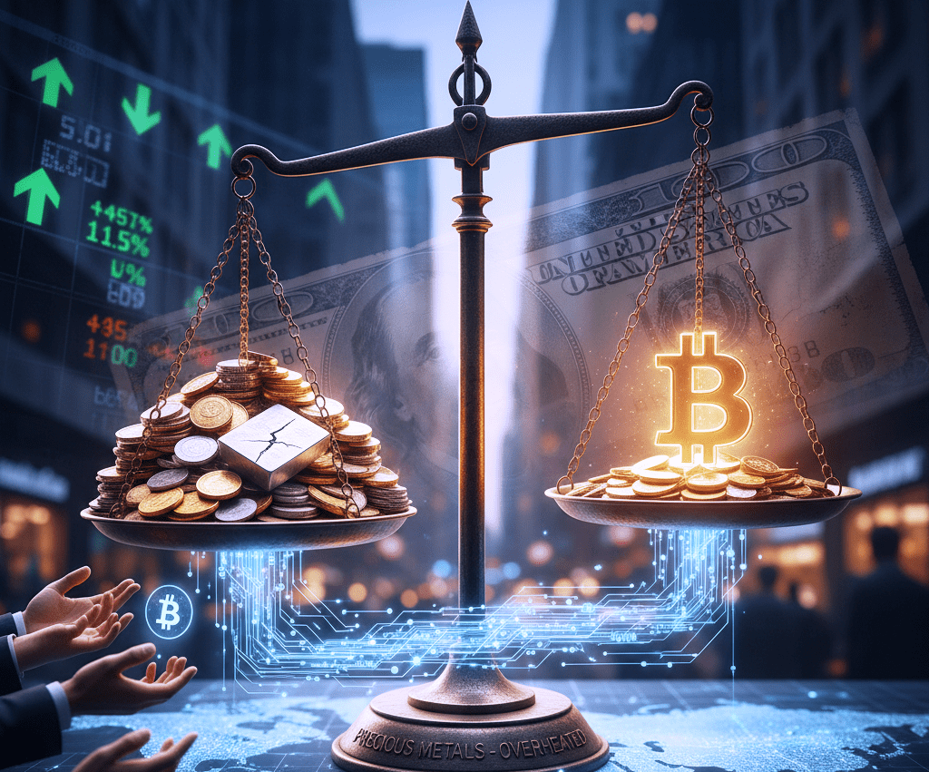 In an overheated precious metals market, a clear rotation of investors to Bitcoin is being observed, seeking a safe haven asset amid the dollar's decline.