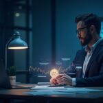 Journalist at desk with holographic AAVE token, market charts and TWAMM timeline