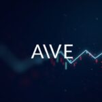 AAVE logo with an 8% downward arrow in front of a dim crypto chart and a DeFi network of real-world assets.