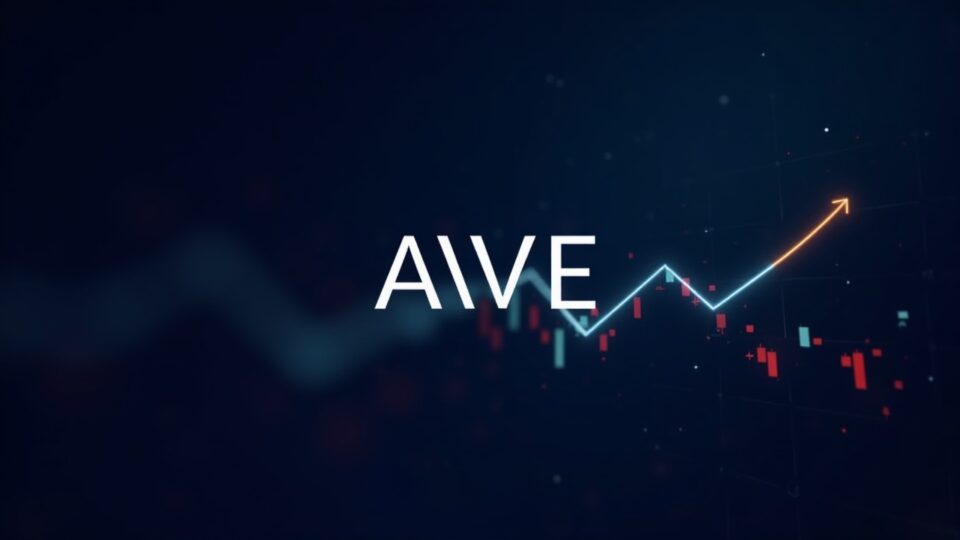 AAVE logo with an 8% downward arrow in front of a dim crypto chart and a DeFi network of real-world assets.