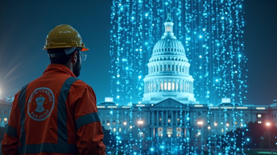 AFL-CIO worker in union colors in front of a holographic crypto ledger forming a government facade.