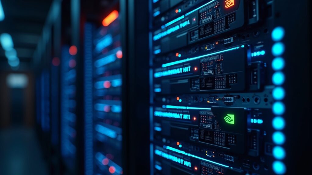 Central AI data center rack in the foreground, neon lighting, NVIDIA chips visible and subtle Oracle logo.