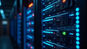 Central AI data center rack in the foreground, neon lighting, NVIDIA chips visible and subtle Oracle logo.
